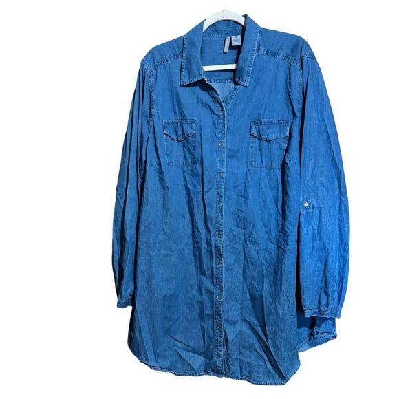 New Directions Tops - New Directions Tunic Top Womens 3X Blue Chambray Snap Button Up Cotton Blouse